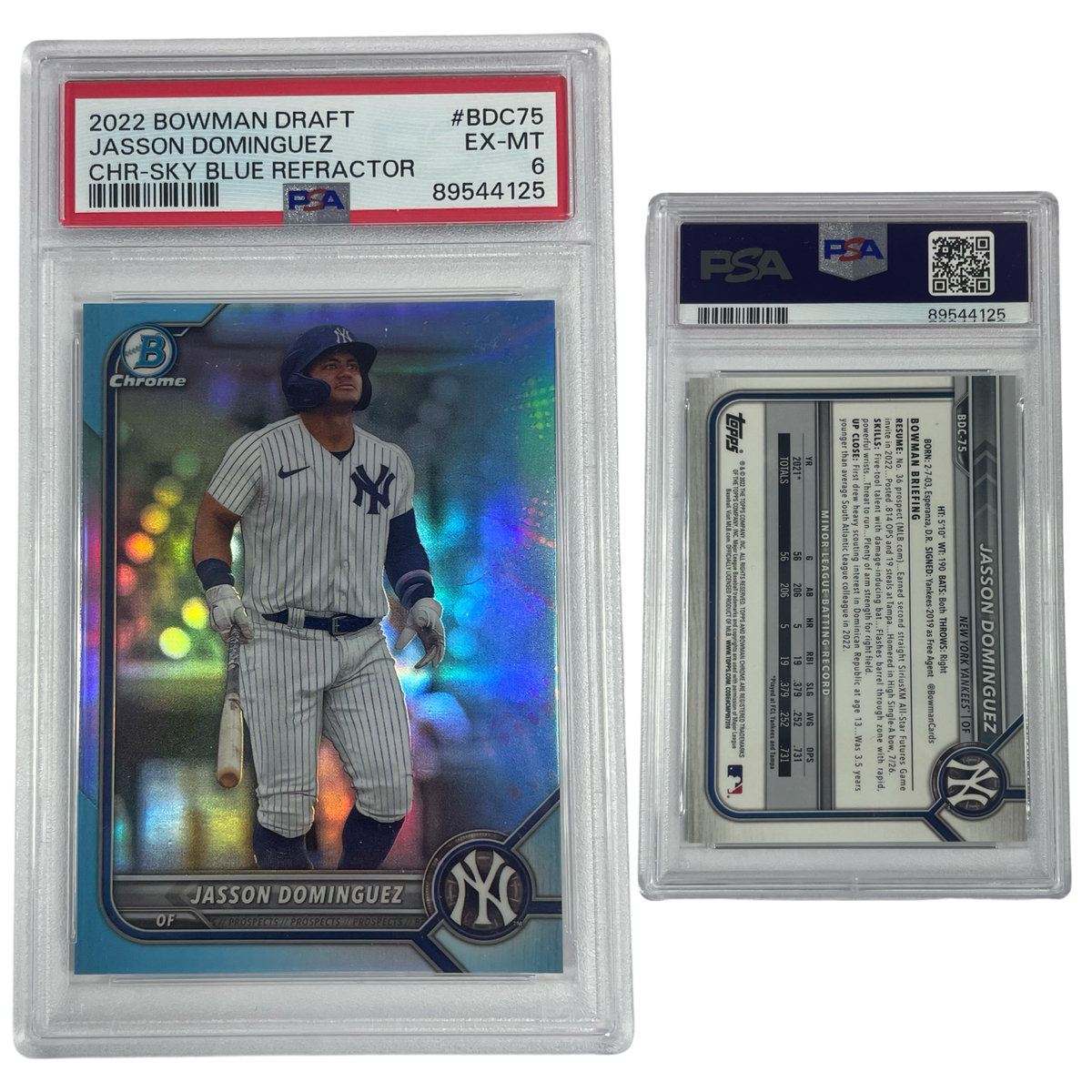 2022 Jasson Dominguez Bowman Chrome Draft Sky Blue Refractor #BDC75 PSA EX MT 6 product image 1, provided for visual