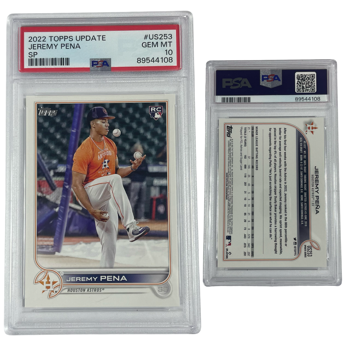 2022 Jeremy Peña Topps Update Rookie SP #US253 PSA GEM MT 10 product image 1, provided for visual reference and product