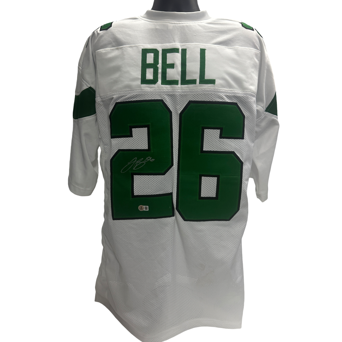 Leveon Bell Autographed New York Jets White Jersey Beckett product image 1, provided for visual reference and product detail