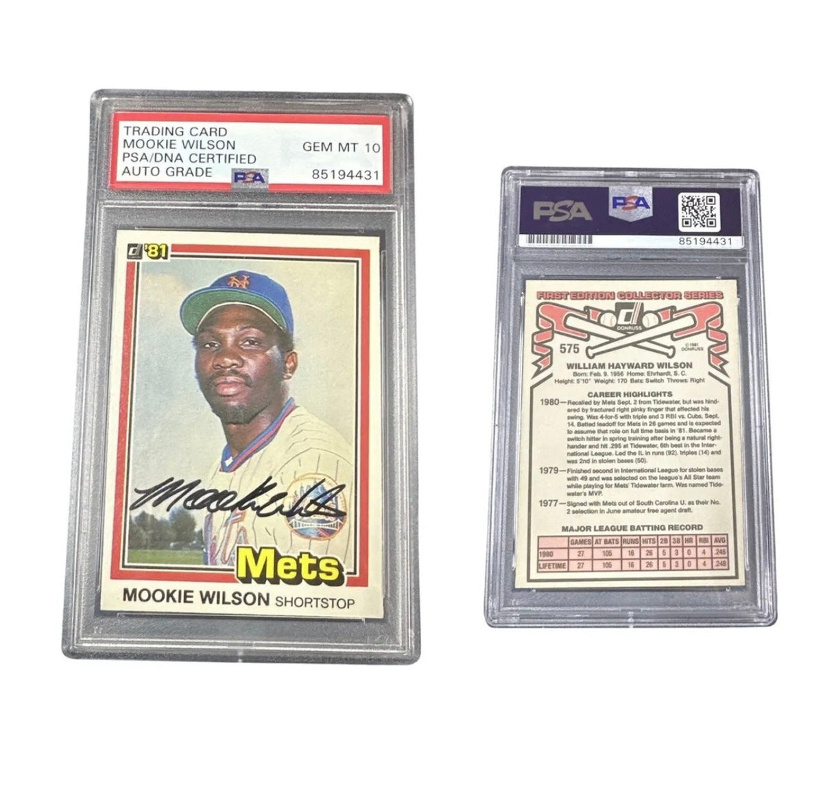 1981 Mookie Wilson Donruss #575 Autographed PSA GEM MT 10 Auto product image 1, provided for visual reference and product