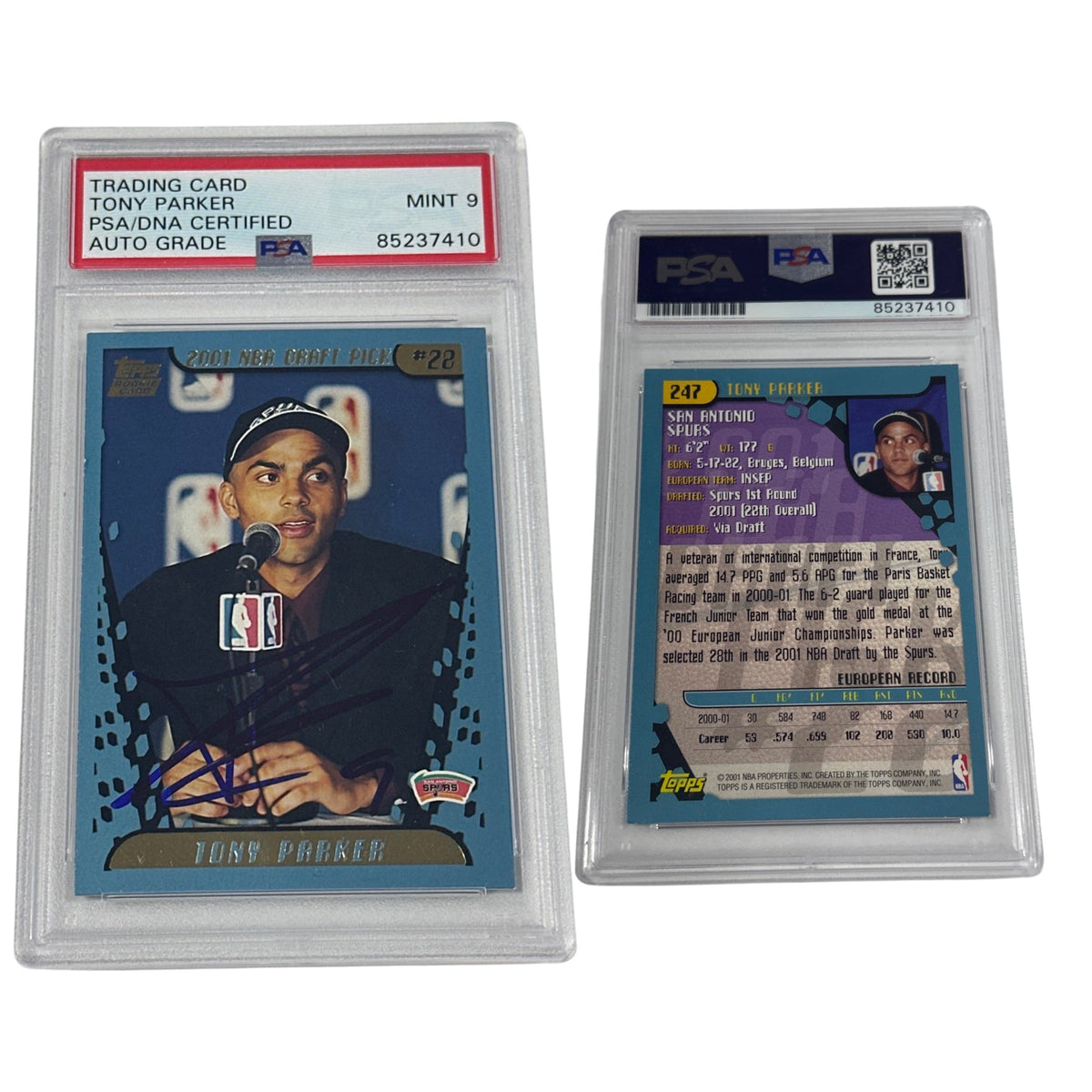 2001 Tony Parker Autographed Topps NBA Draft Pick RC #247 PSA MINT 9 Auto product image 1, provided for visual reference and