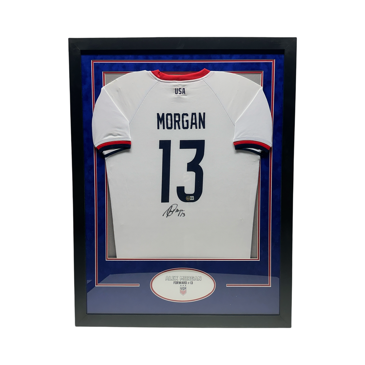 Alex Morgan Autographed Team USA White Jersey Beckett - Framed product image 1, provided for visual reference and product