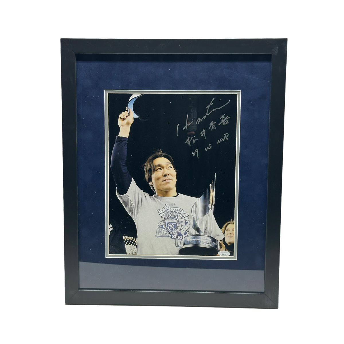 Hideki Matsui Autographed New York Yankees Cap Tip 11x14 "09 WS MVP & Japanese Name" Inscription JSA - Framed product image