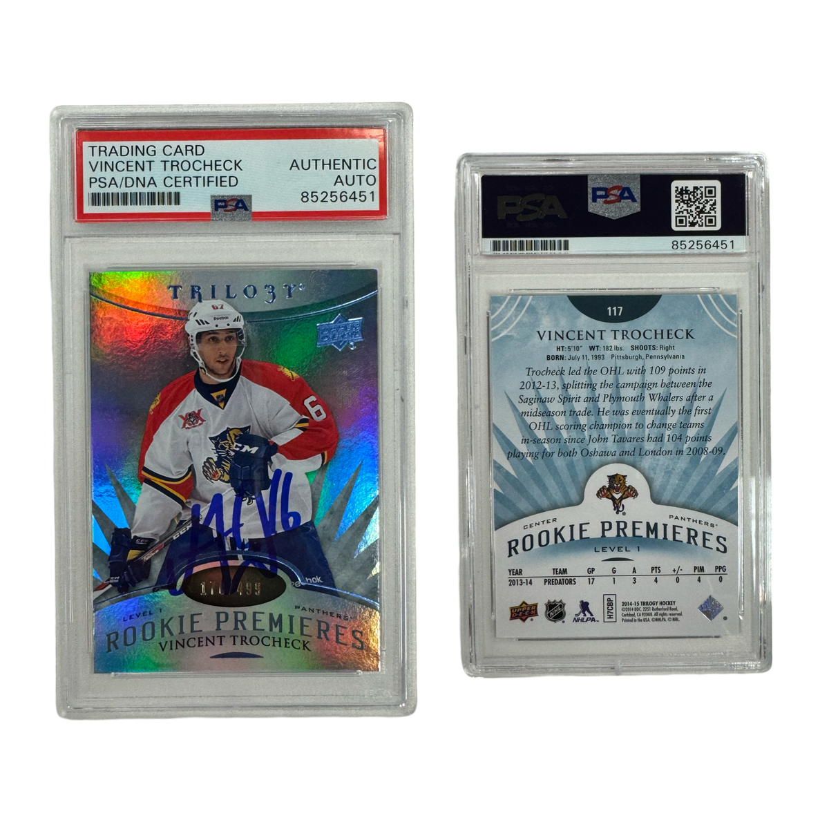 2014-15 Vincent Trocheck Autographed Upper Deck Trilogy Blue /499 #117 PSA Auto Authentic product image 1, provided for