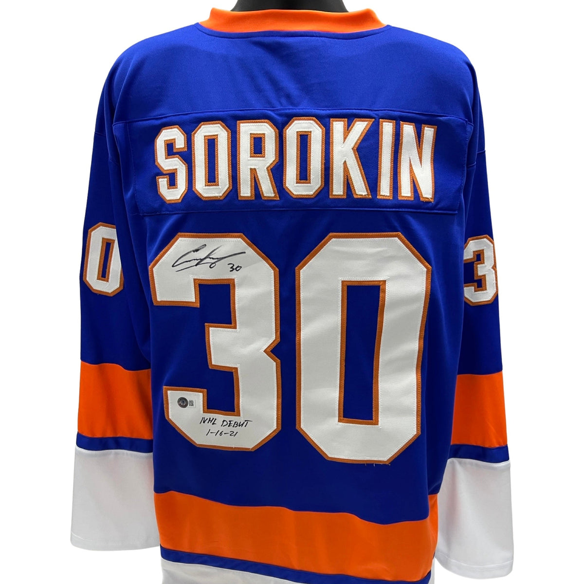 Ilya Sorokin Autographed New York Islanders Blue Jersey NHL Debut 1–16-21 Inscription Beckett product image 1, provided for