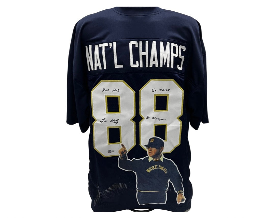 Lou Holtz Notre Dame Autographed Navy "Nat'l Champs #88" Art Stat Jersey Beckett product image 1, provided for visual