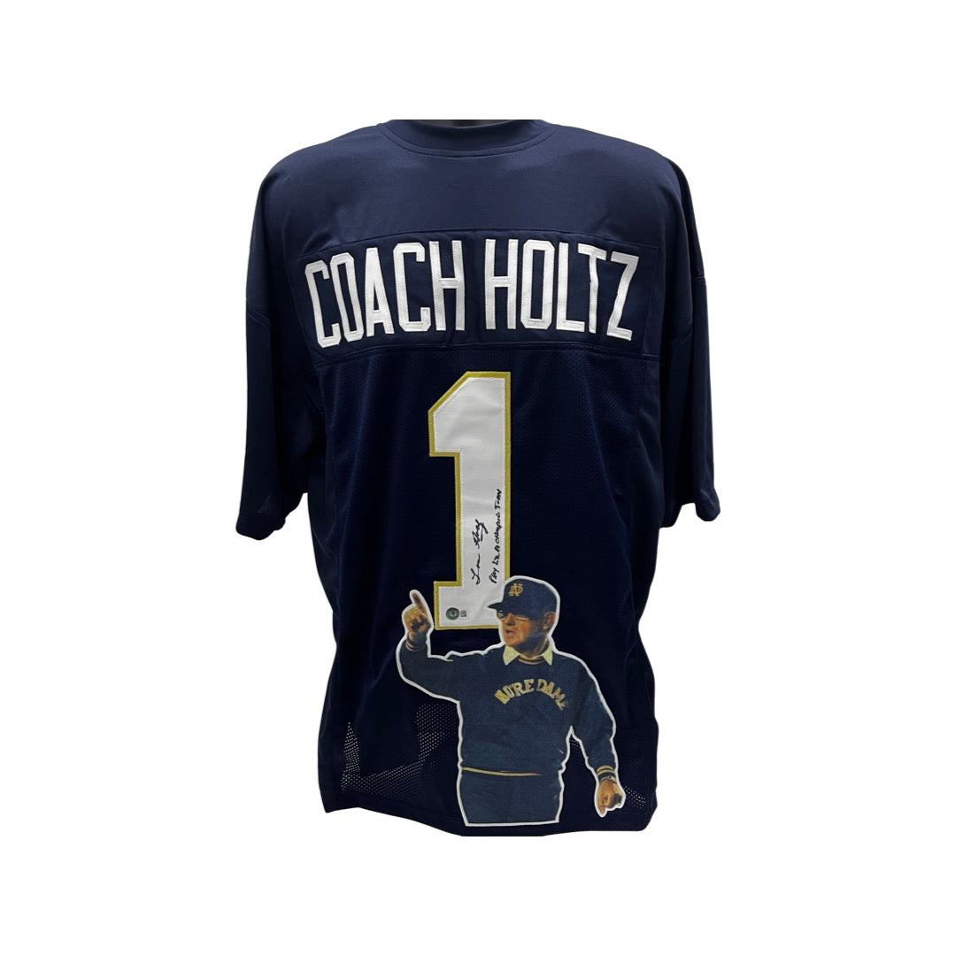 Lou Holtz Notre Dame Autographed Navy "Coach Holtz #1" Art Jersey Inscribed "Play like a champion today" Beckett product