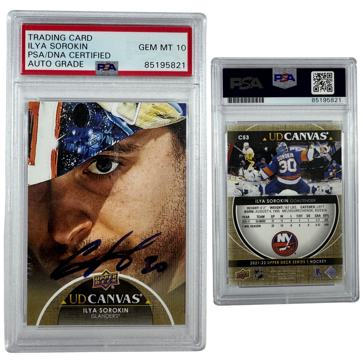 2021-22 Ilya Sorokin Autographed Upper Deck UD Canvas #C53 PSA Auto GEM MT 10 product image 1, provided for visual reference