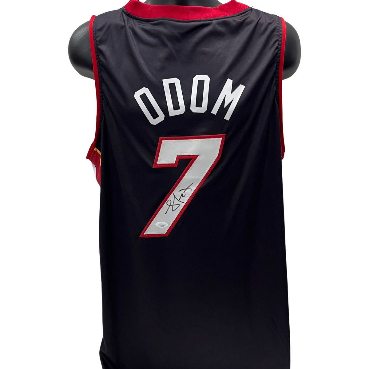 Lamar Odom Autographed Miami Heat Black Jersey JSA product image 1, provided for visual reference and product detail review