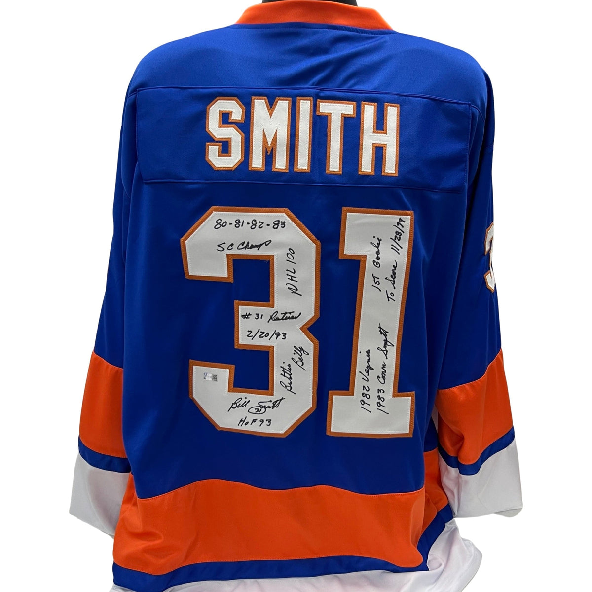 Billy Smith Autographed New York Islanders Blue Jersey "HOF 93, SC Champs 80 81 82 83, NHL 100, #31 Retired 2/20/93, Battlin