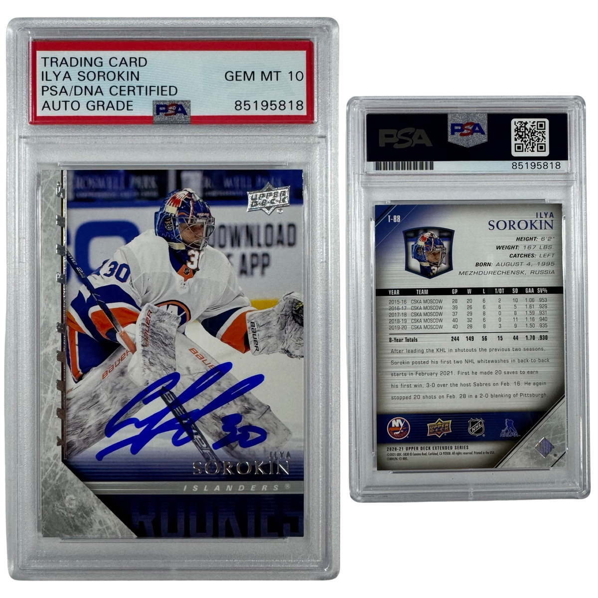 2020-21 Ilya Sorokin Autographed Upper Deck Extended Series Young Guns #T-88 PSA Auto GEM MT 10 product image 1, provided