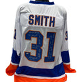 Billy Smith Autographed New York Islanders White Jersey "HOF 93, SC Champs 80 81 82 83, NHL 100, #31 Retired 2/20/93,