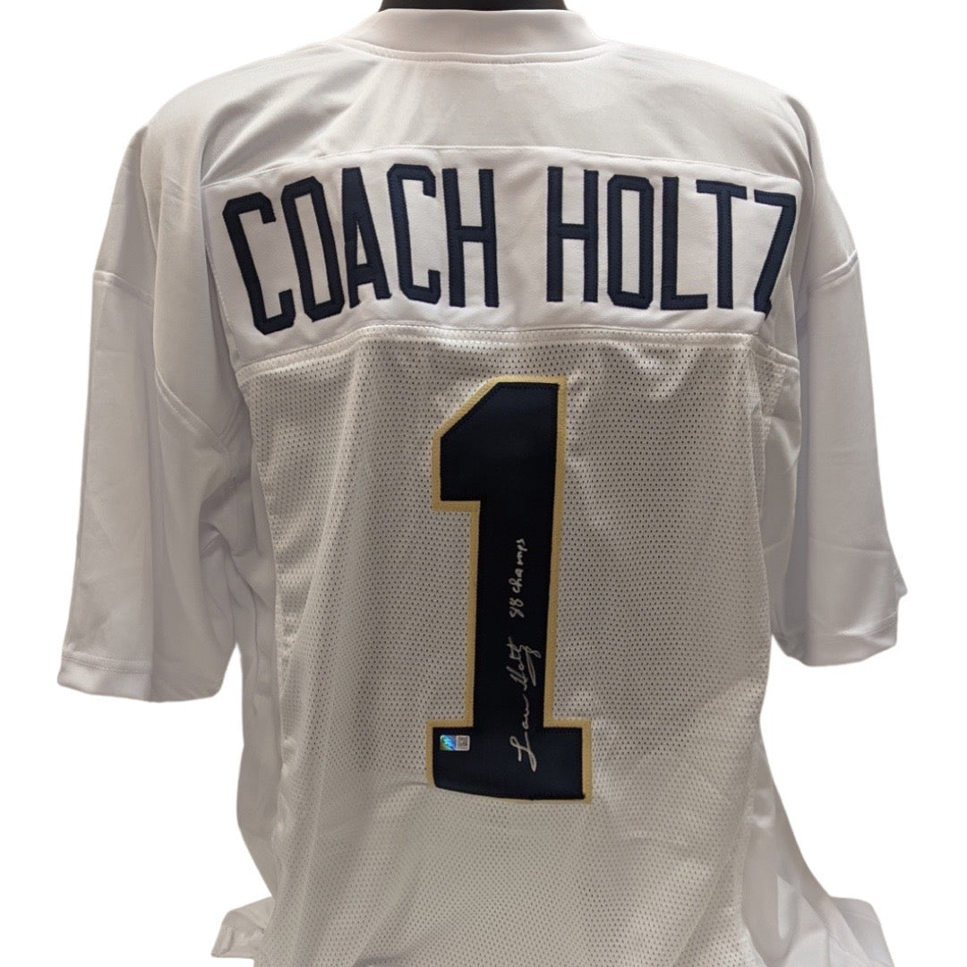 Lou Holtz Autographed Notre Dame Fighting Irish White #1 Jersey 88 Champs Inscription Beckett BAS product image 1, provided