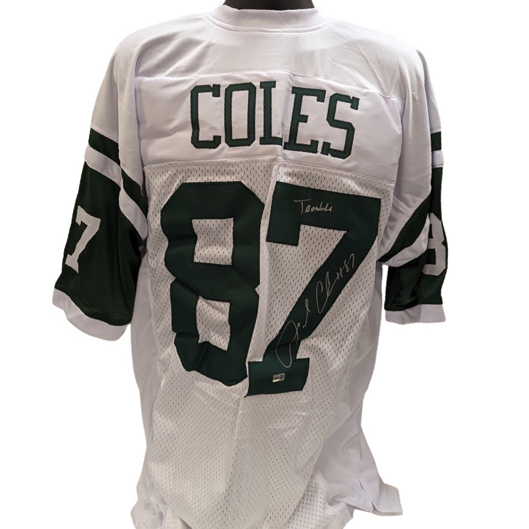 Laveranues Coles Autographed New York Jets White Jersey Trouble Inscription Steiner CX product image 1, provided for visual