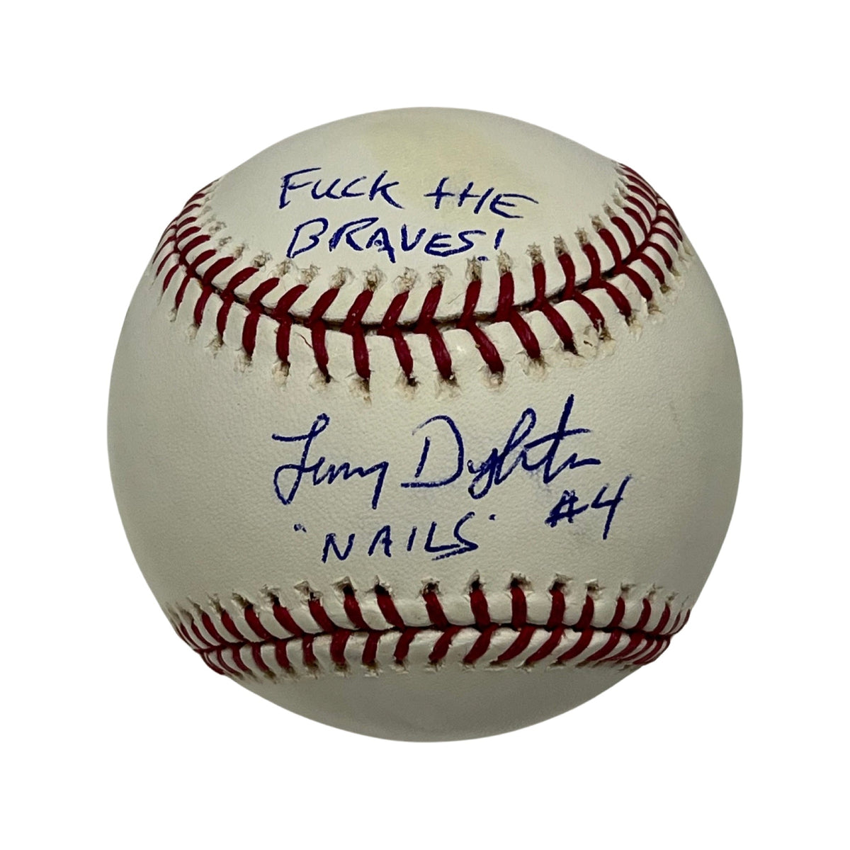 Lenny Dykstra Autographed New York Mets OMLB Fuck the Braves, Nails Inscriptions JSA product image 1, provided for visual