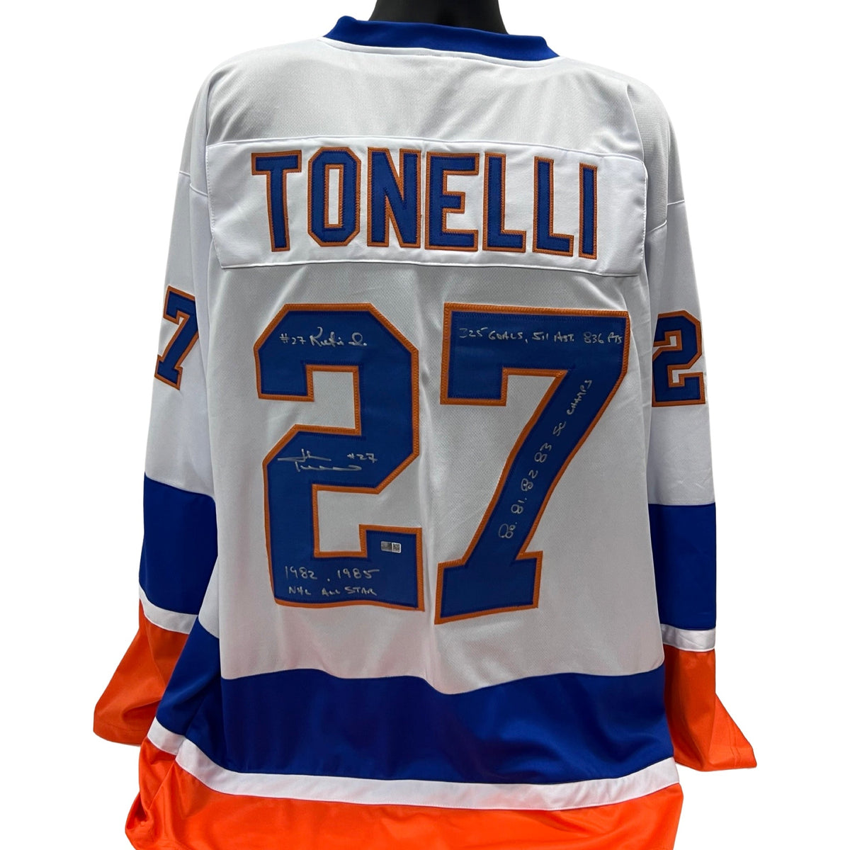 John Tonelli Autographed New York Islanders White Jersey "#27 Retired, 1982 1985 NHL All Star, 325 Goals 511 Assists 836