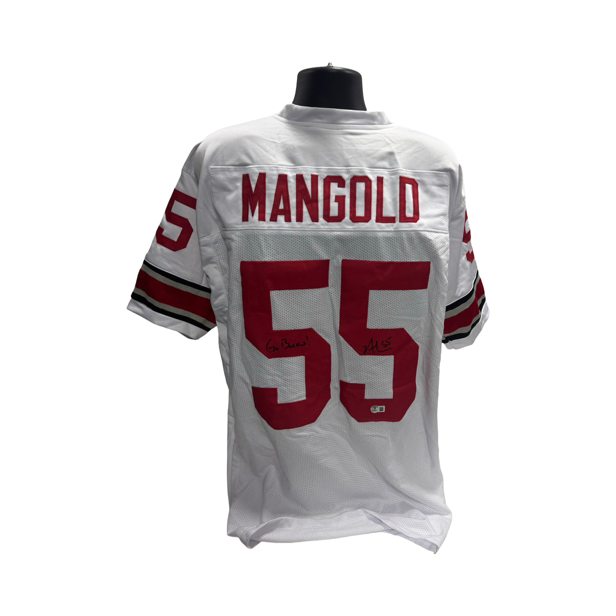 Nick Mangold Autographed Ohio State Buckeyes White Jersey Go Bucs Inscription BAS product image 1, provided for visual