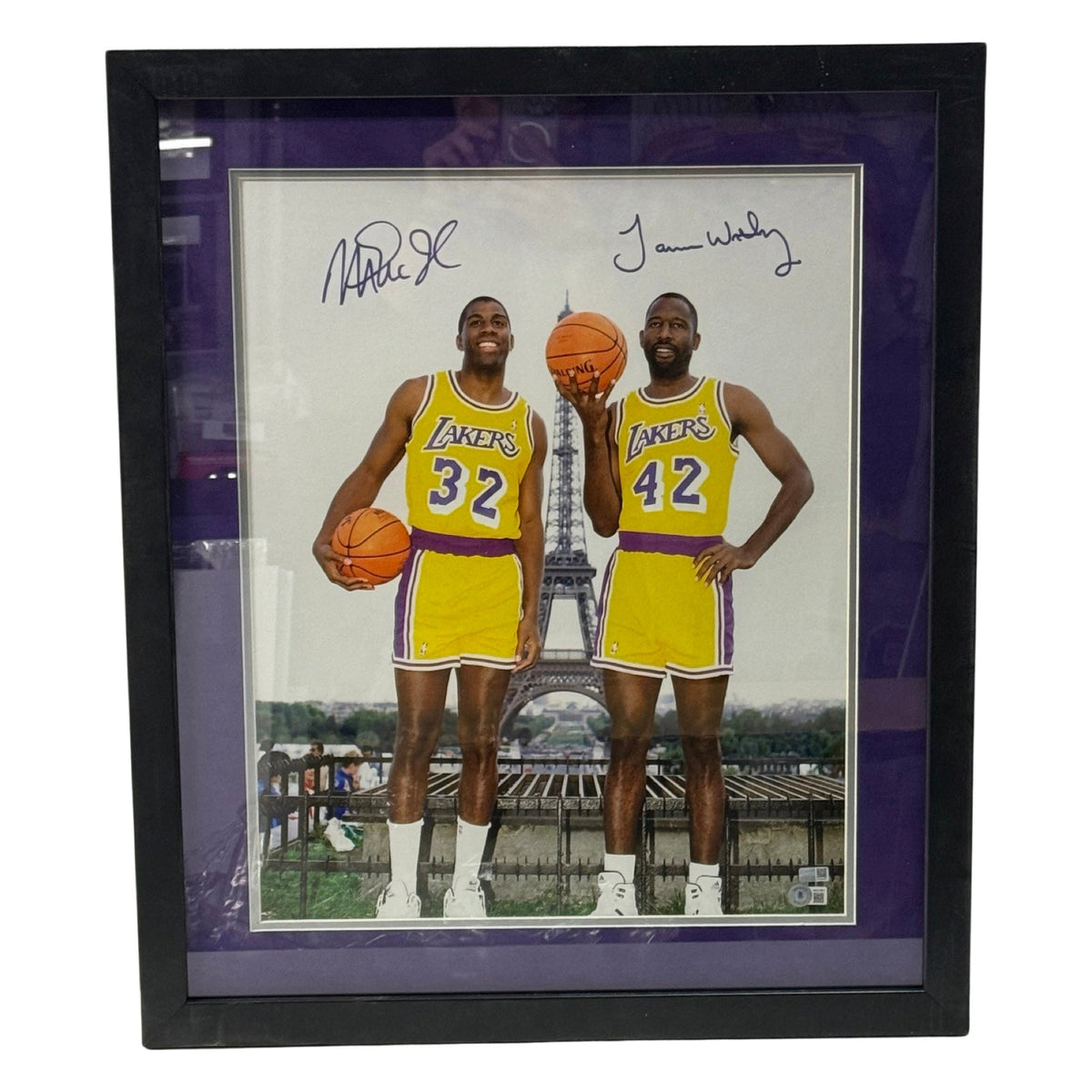 Magic Johnson & James Worthy Autographed Los Angeles Lakers Paris 16x20 Beckett & Steiner CX - Framed product image 1,