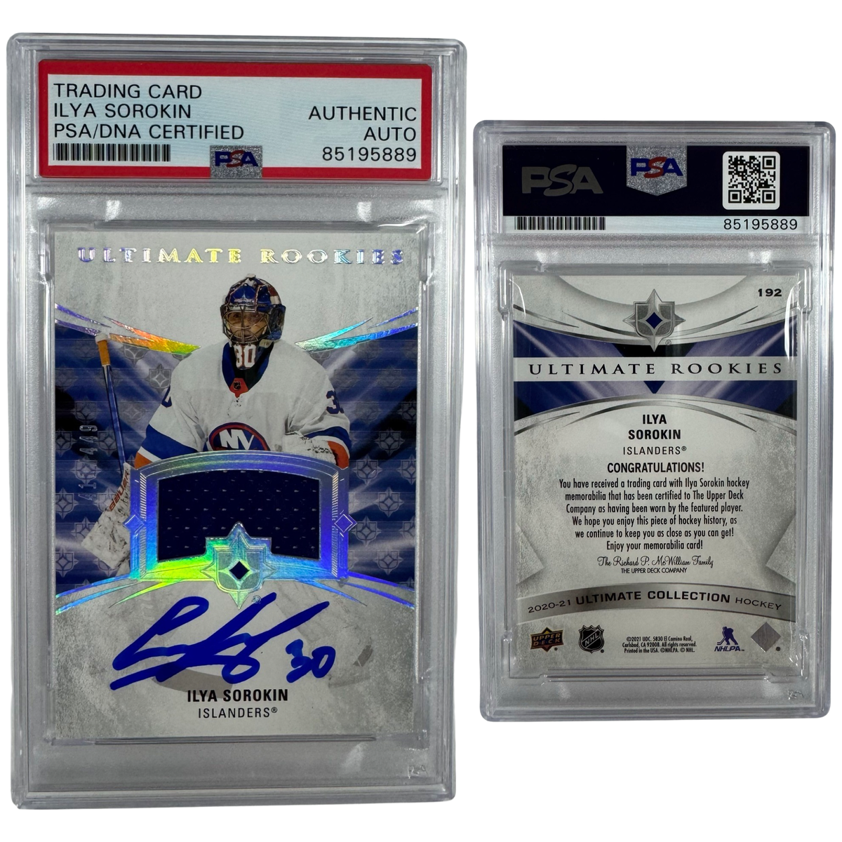 2020-21 Ilya Sorokin Autographed Upper Deck Ultimate Collection Rookies Jersey Patch Relic /449 #192 PSA Auto Authentic