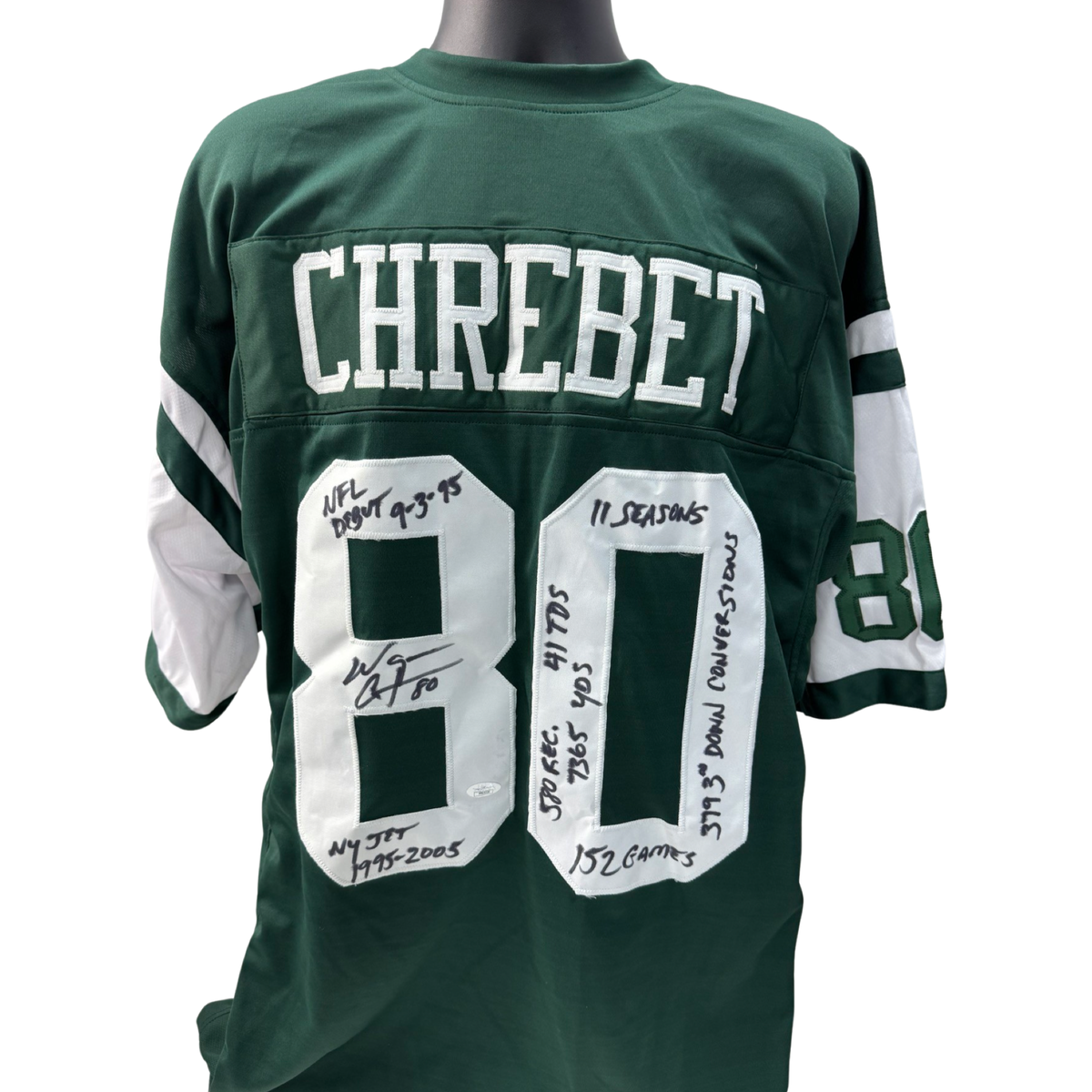 Wayne Chrebet Autographed New York Jets Green Jersey NFL Debut 9-3-95, NY Jets 1995-2005, 11 Seasons, 152 Games, 580 Rec, 41