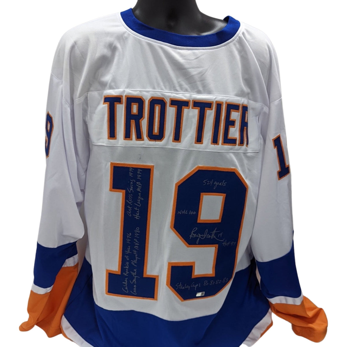 Bryan Trottier Autographed New York Islanders White Jersey 524 Goals, NHL 100, HOF 97, Stanley Cups 80, 81, 82, 83, Calder