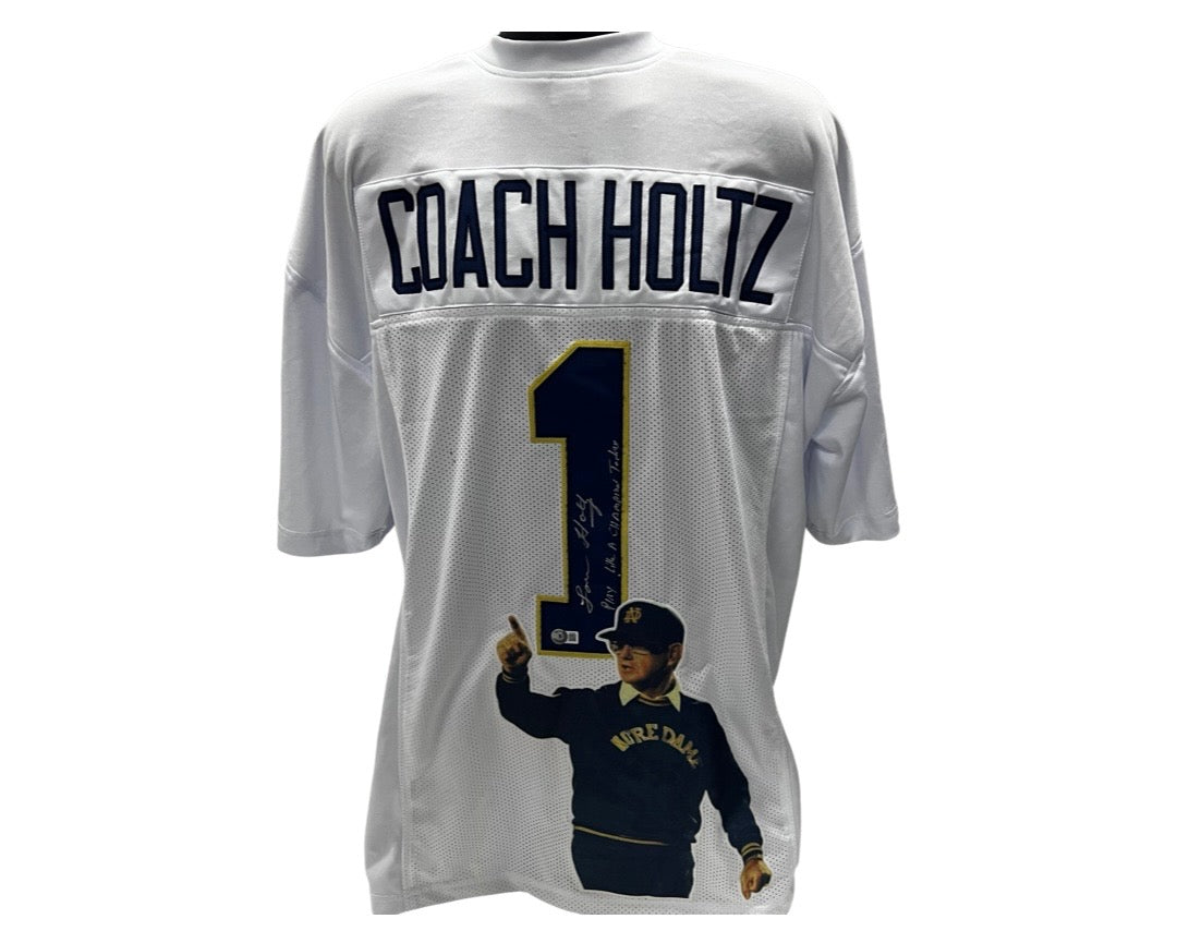 Lou Holtz Notre Dame Autographed "Coach Holtz #1" White Art Jersey Inscribed "Play like a champion today" Beckett product