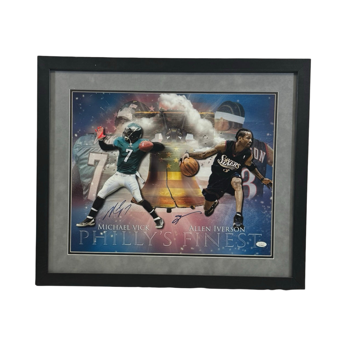Allen Iverson & Michael Vick Autographed 16x20 JSA - Framed product image 1, provided for visual reference and product