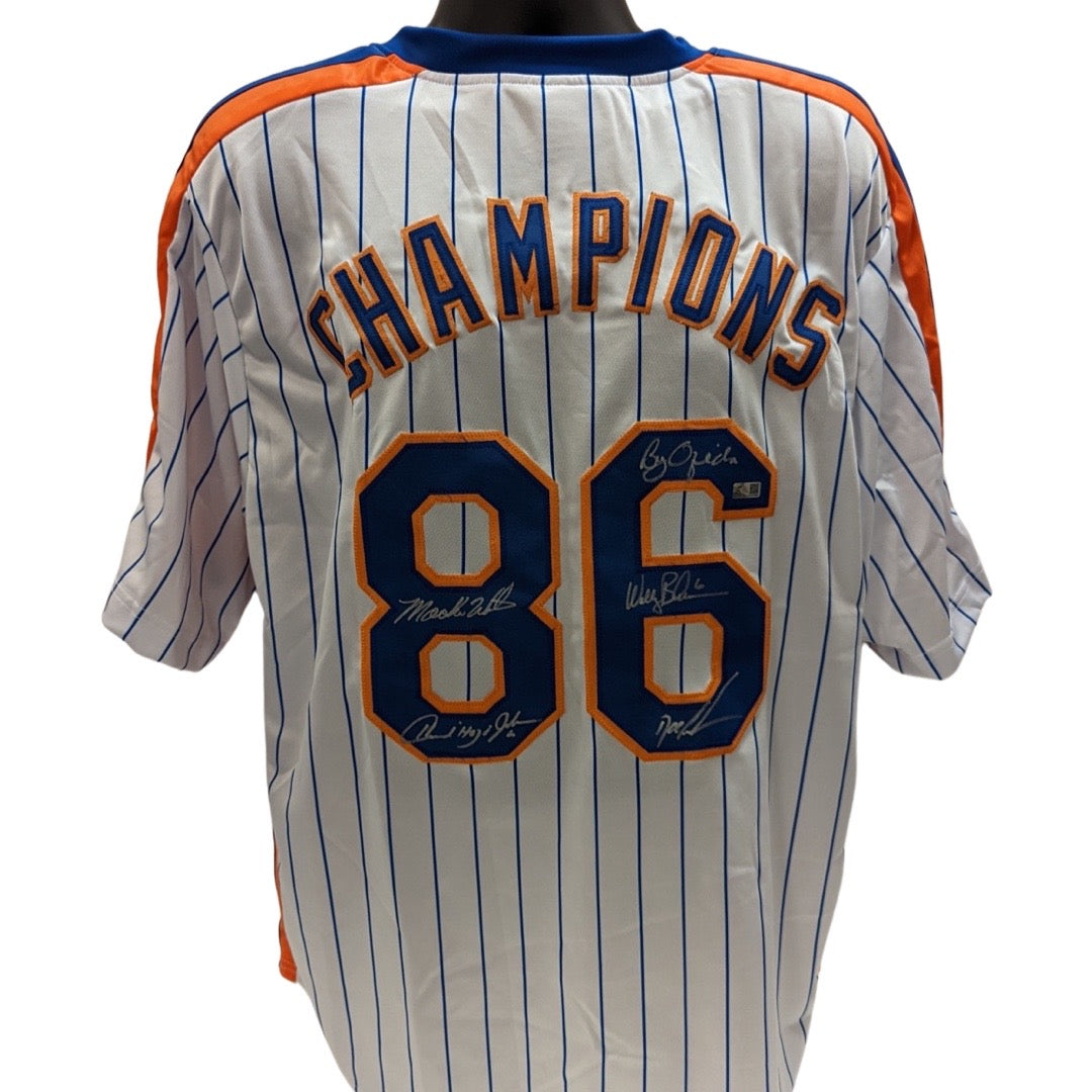 Doc Gooden, Mookie Wilson, Bobby Ojeda, Wally Backman & Howard Johnson Autographed New York Mets 1986 Champions Pinstripe