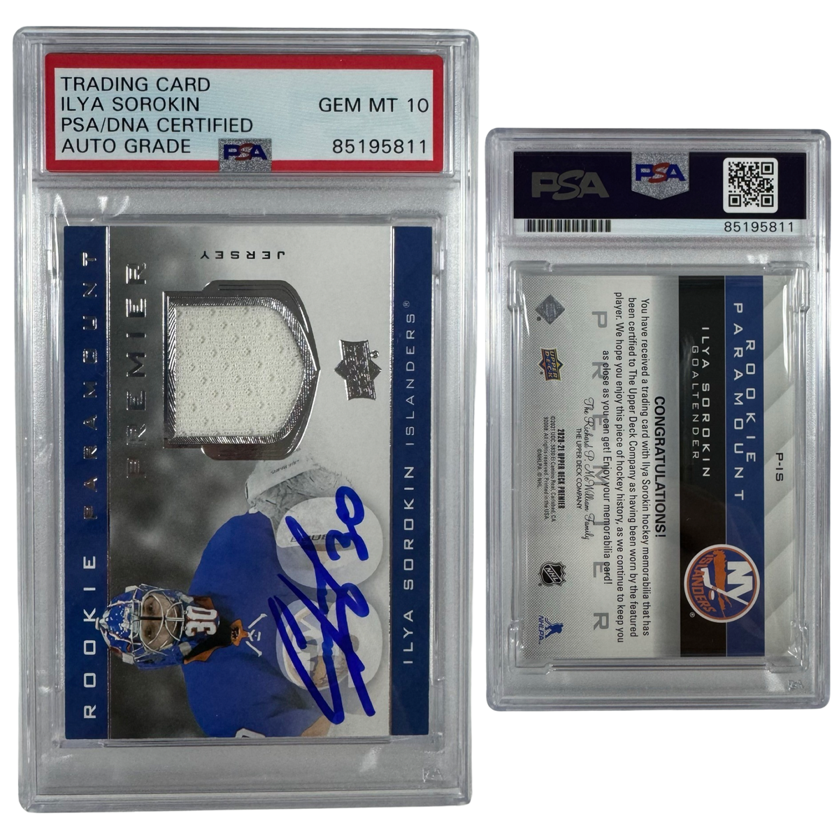 2020-21 Ilya Sorokin Autographed Upper Deck Rookie Paramount Premier Jersey Patch Relic #P-IS PSA Auto GEM MT 10 product