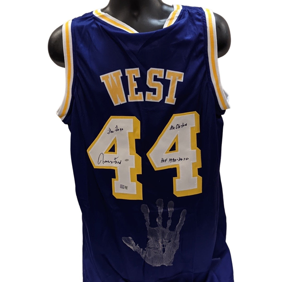 Jerry West Autographed Los Angeles Lakers Purple Jersey w/ Handprint The Logo, Mr Clutch, HOF 1980-2010 Inscriptions Steiner