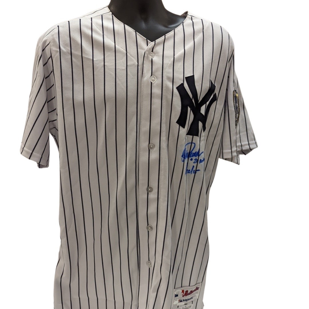 Jorge Posada Autographed New York Yankees Retirement Night Game Used Jersey #20 Retired 8/22/15 Inscription JSA product