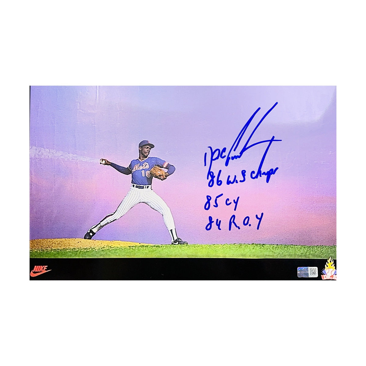 Doc Gooden Autographed New York Mets Nike Dr K Card 8x12.5 Photo 84 ROY, 85 Cy, 86 WS Champs Inscriptions Steiner CX -
