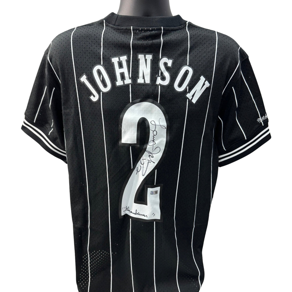 Larry Johnson Autographed Charlotte Hornets Black Sleeved Mitchell & Ness Jersey Grandmama Inscription Steiner CX product