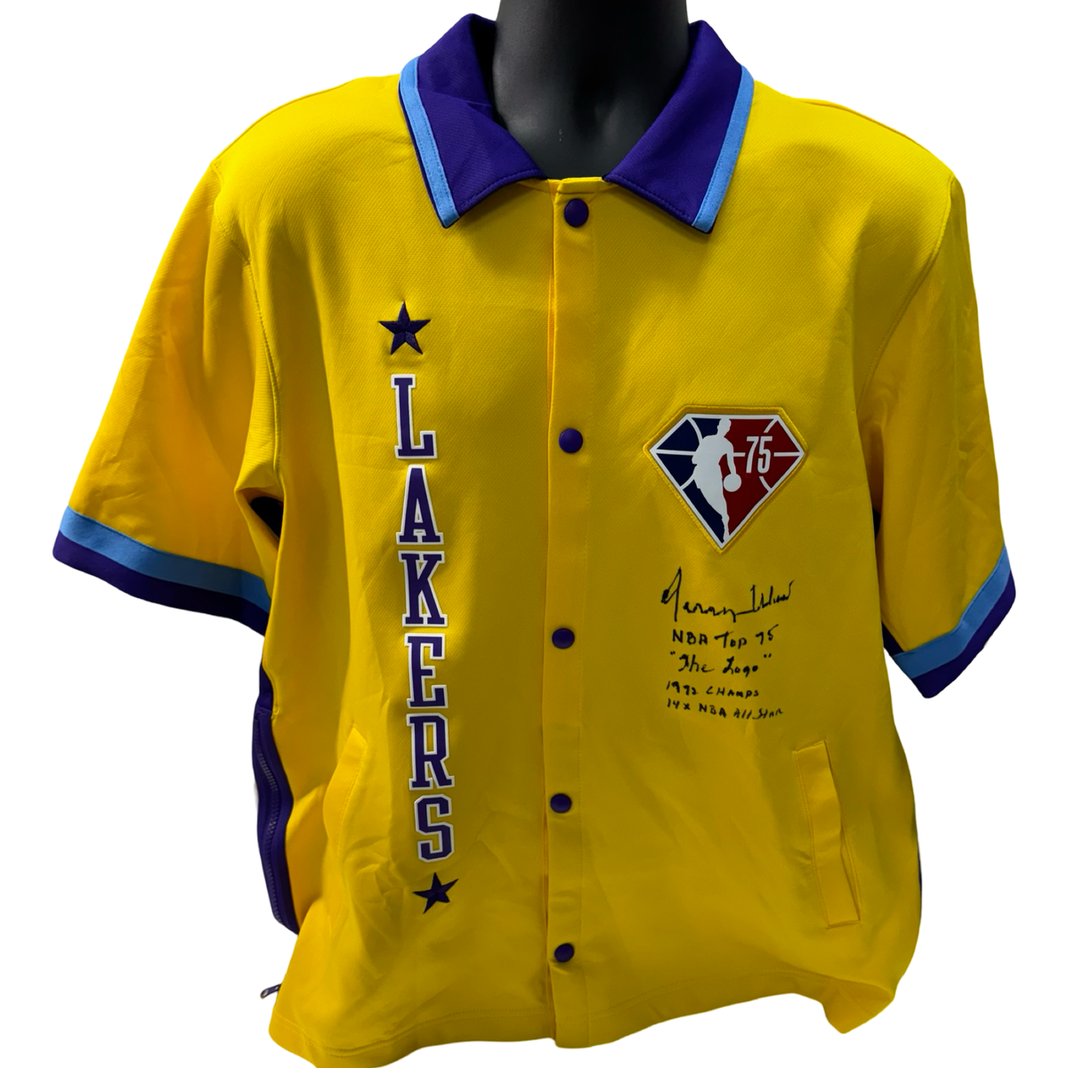 Jerry West Autographed Los Angeles Lakers NBA 75 Nike Showtime Short Sleeve Collar Warmup Jacket "NBA Top 75, The Logo, 1972