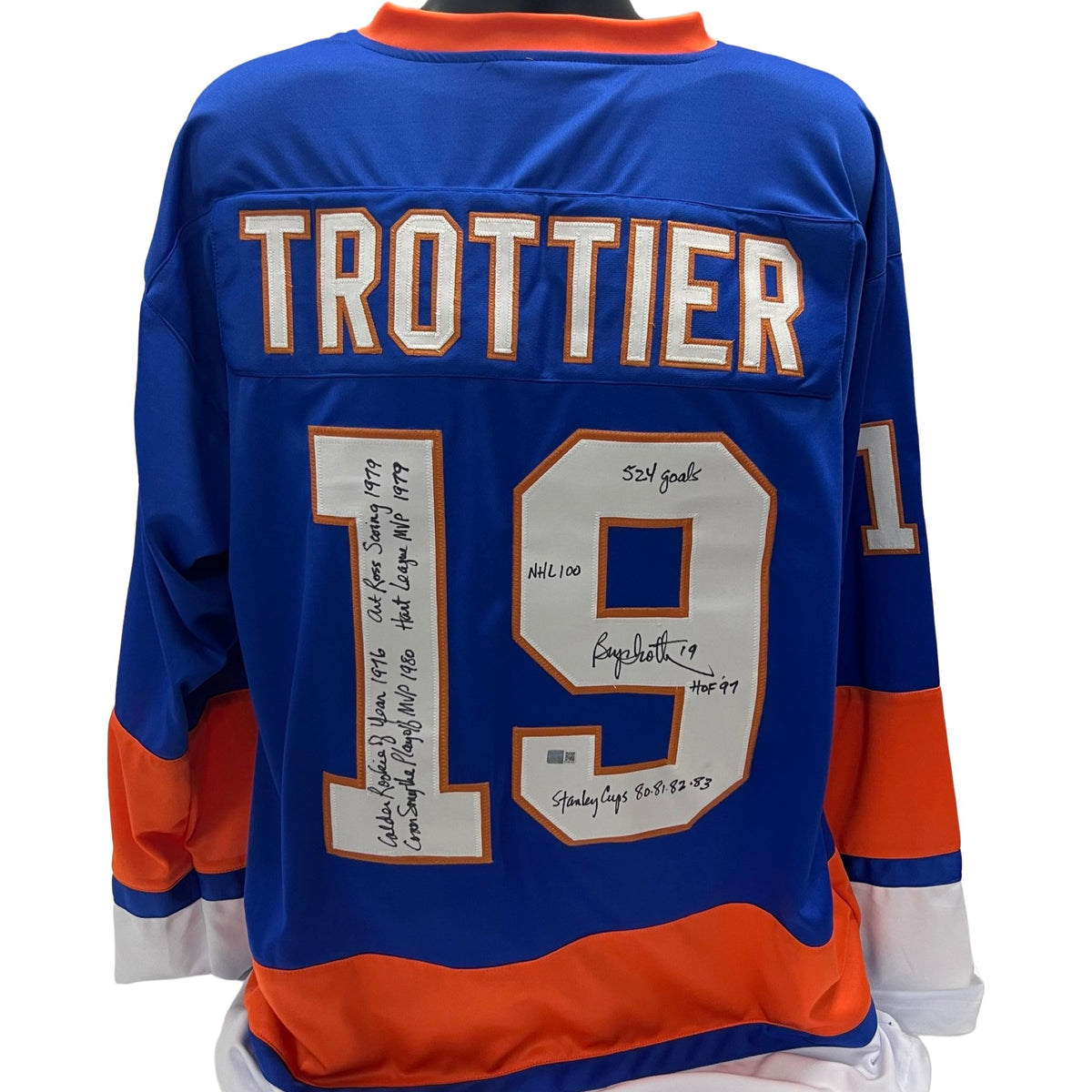Bryan Trottier Autographed New York Islanders Blue Jersey "HOF 97, Stanley Cups 80 81 82 83, 524 Goals, NHL 100, Calder