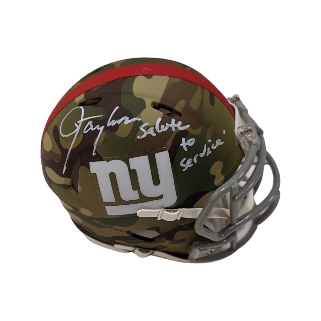 Lawrence Taylor Autographed New York Giants Camo Mini Helmet Salute to Service Inscription JSA product image 1, provided for
