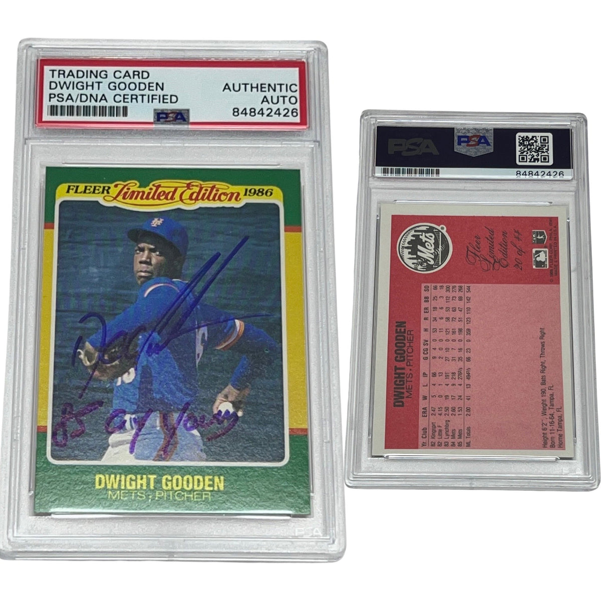 1986 Doc Gooden Fleer Limited Edition #20 Autographed 85 Cy Young Inscription PSA Auto Authentic product image 1, provided