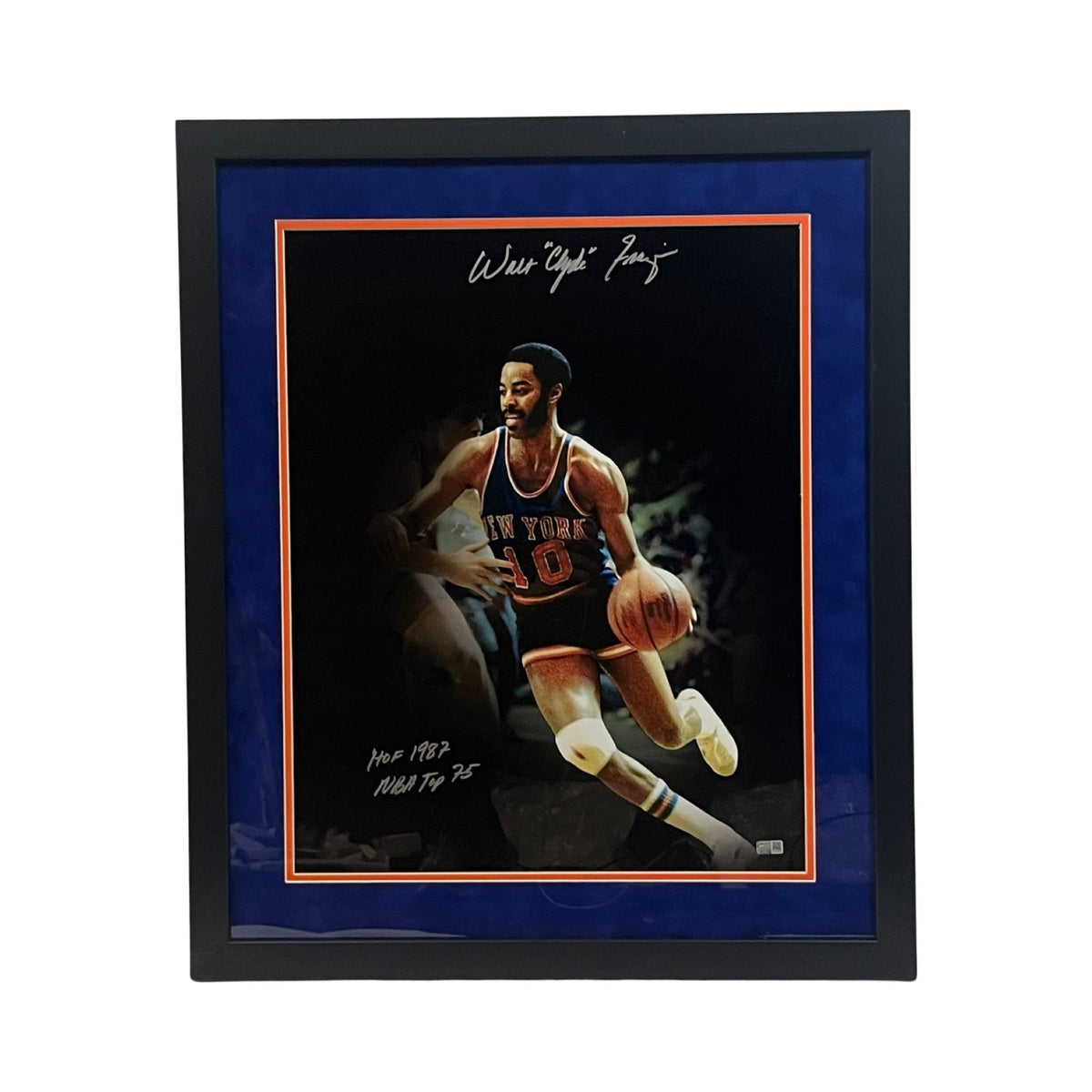 Walt Clyde Frazier Autographed New York Knicks Framed 16x20 HOF 1987, NBA Top 75 Inscriptions Steiner CX product image 1,