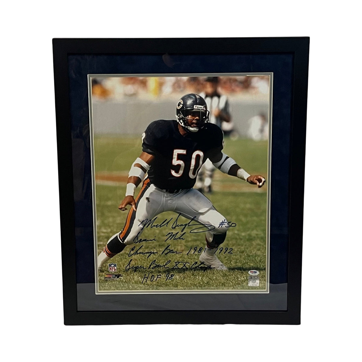 Mike Singletary Autographed Chicago Bears Framed 16x20 Samurai Mike, Chicago Bears 1981-1992, Super Bowl XX Champs, HOF 98