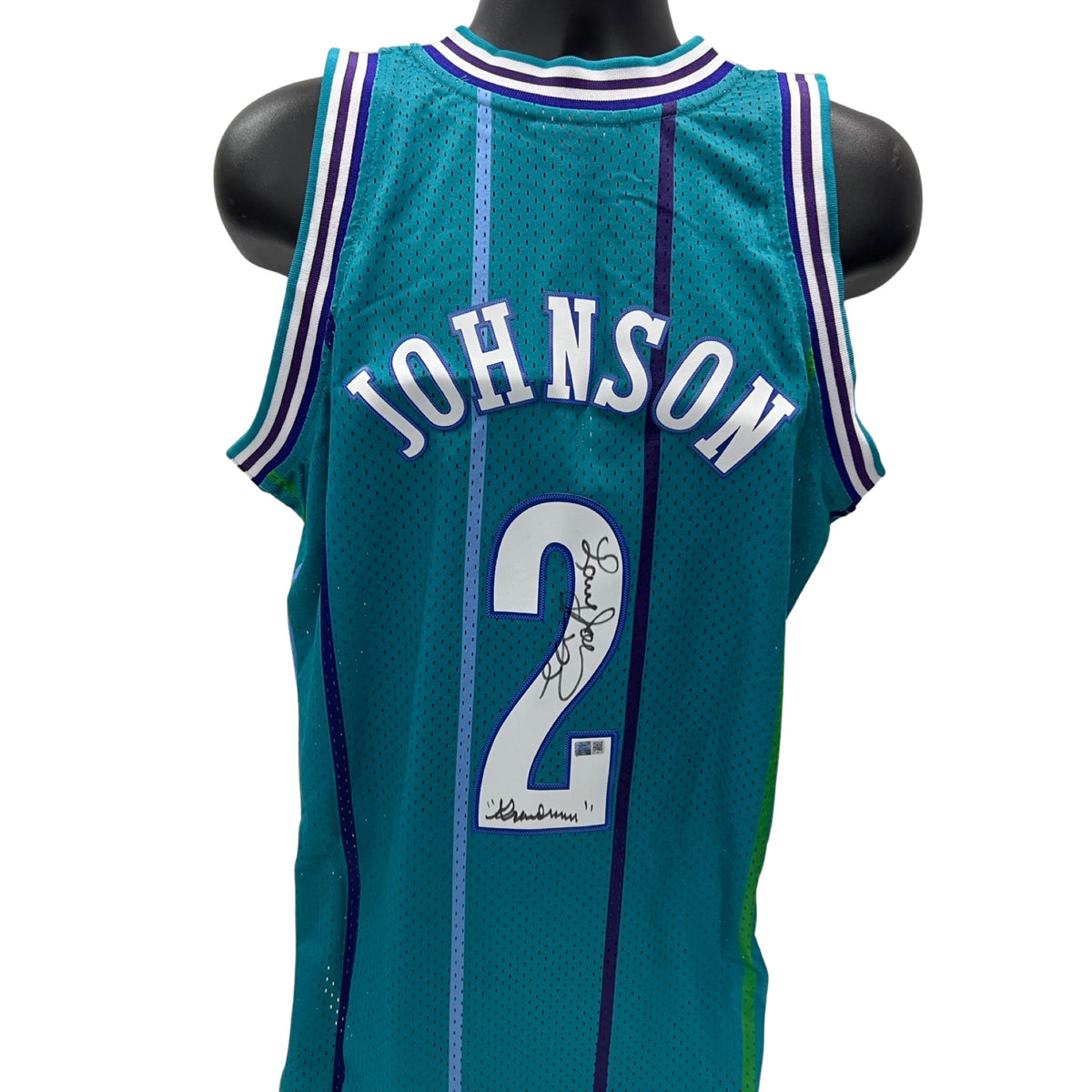Larry Johnson Autographed Charlotte Hornets Teal 1992-93 Mitchell & Ness Swingman Jersey Grandmama Inscription Steiner CX