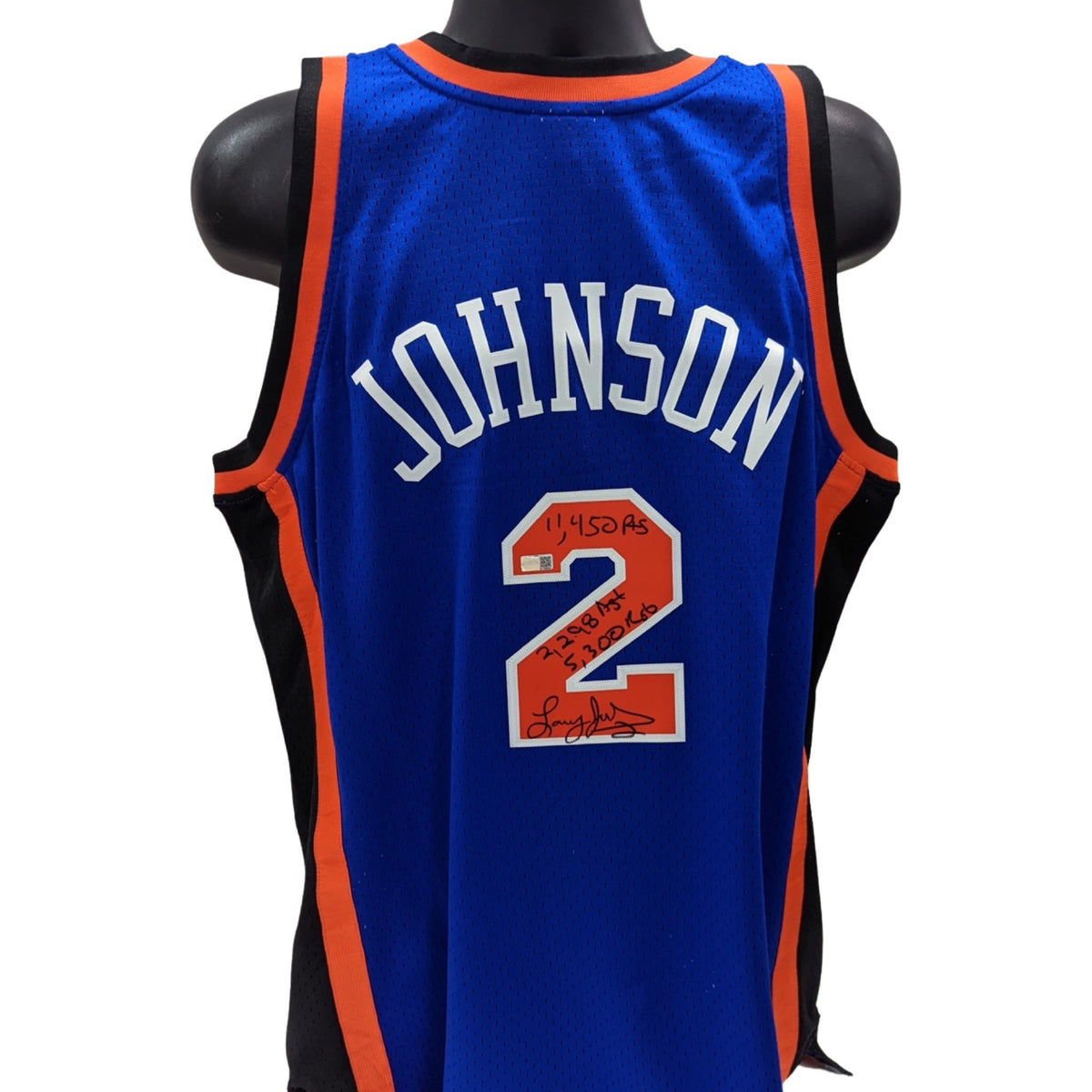 Larry Johnson Autographed New York Knicks Blue 1998-99 Mitchell & Ness Swingman Jersey 11,450 Pts, 2,298 Ast, 5,300 Ast