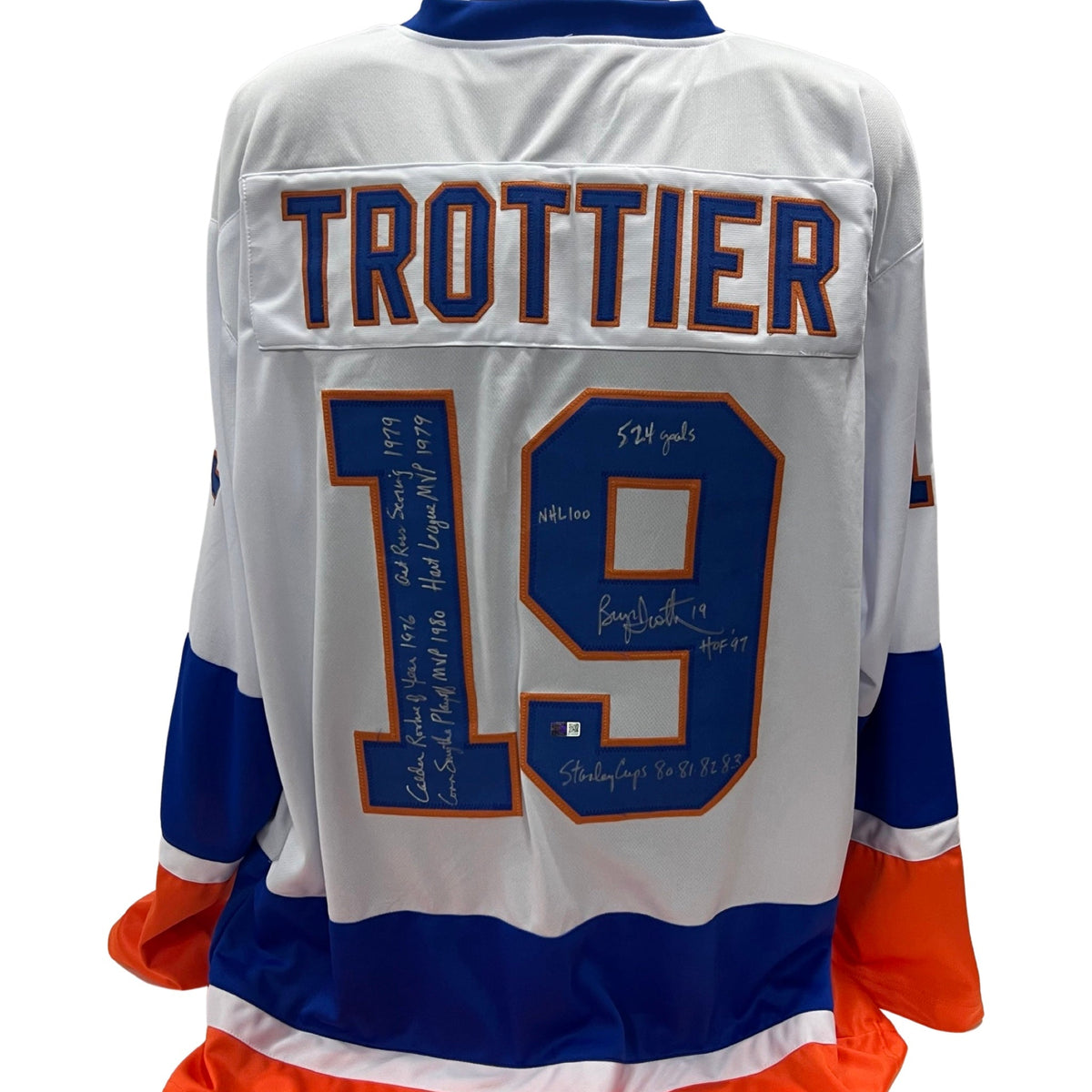 Bryan Trottier Autographed New York Islanders White Jersey "HOF 97, Stanley Cups 80 81 82 83, 524 Goals, NHL 100, Calder