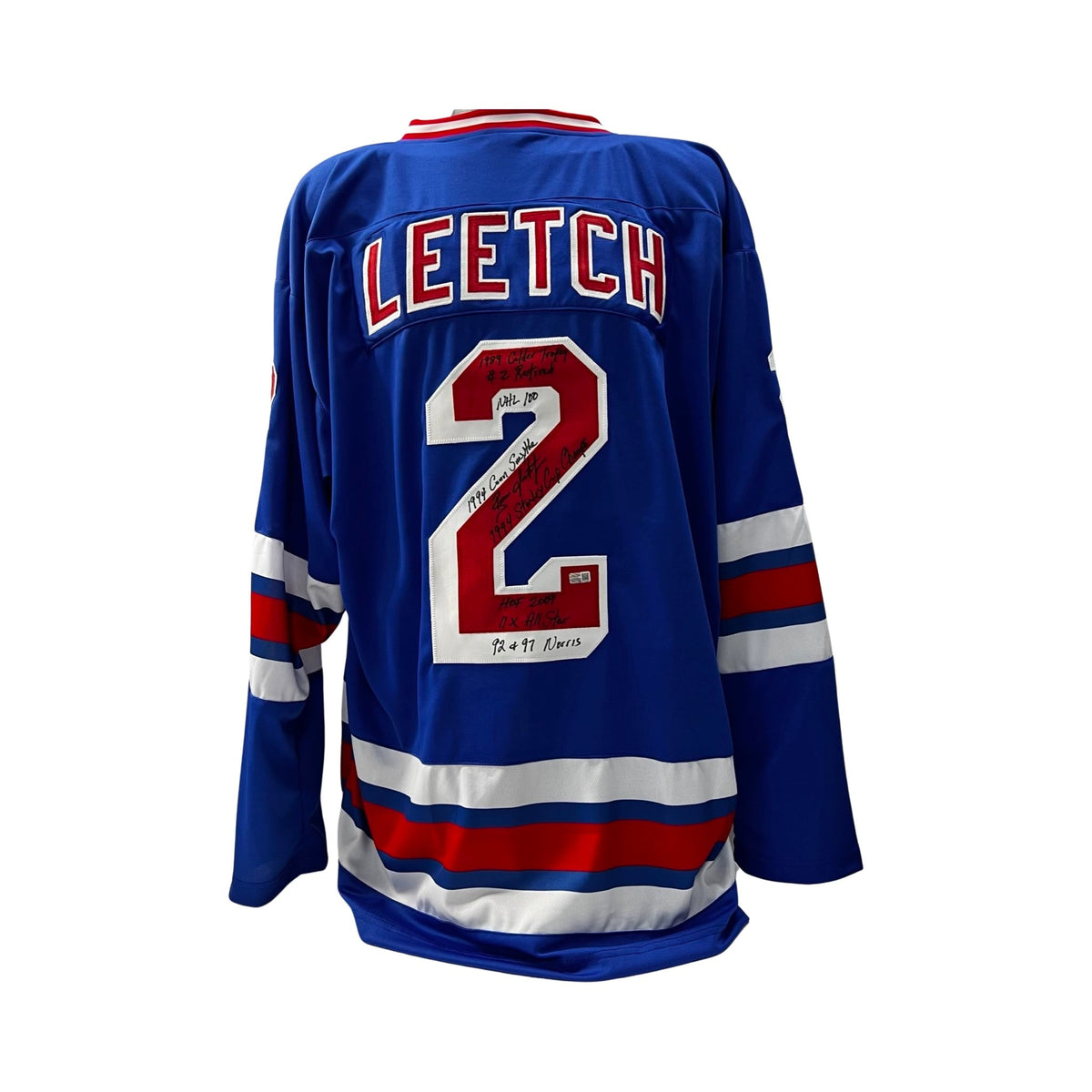 Brian Leetch Autographed New York Rangers Blue Jersey 1989 Calder Trophy, #2 Retired, NHL 100, 1994 Conn Smythe, 1994