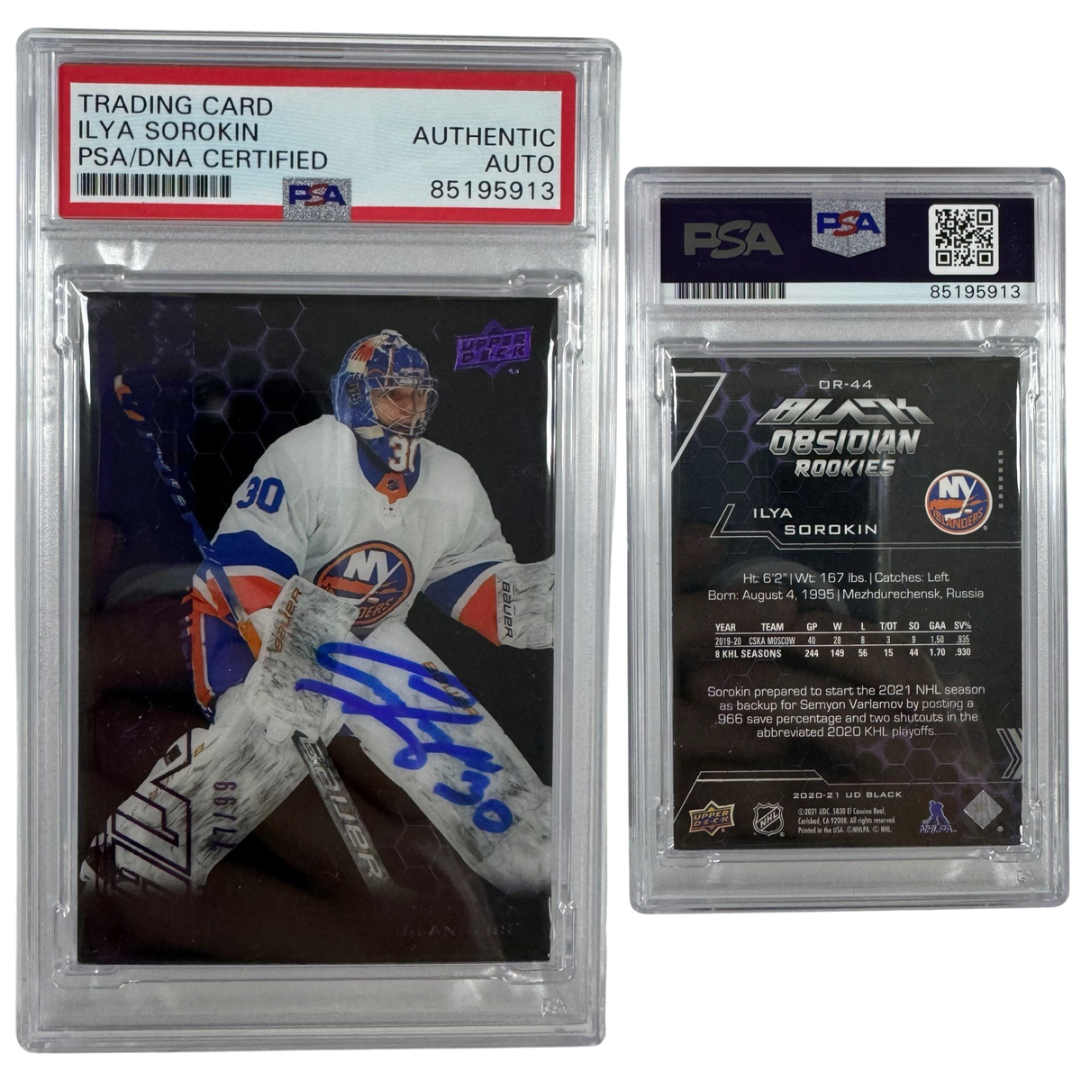 2020-21 Ilya Sorokin Autographed Upper Deck Black Obsidian Rookies /99 #OR-44 PSA Auto Authentic product image 1, provided