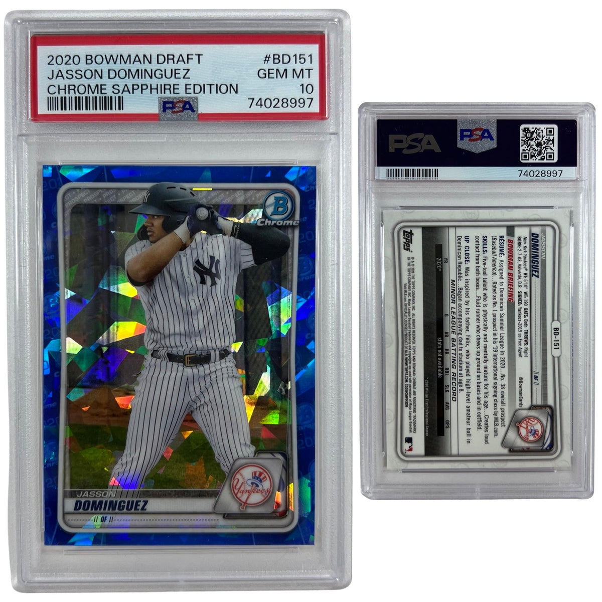 2020 Jasson Dominguez Bowman Draft Chrome Sapphire Edition #BD151 PSA GEM MINT 10 product image 1, provided for visual