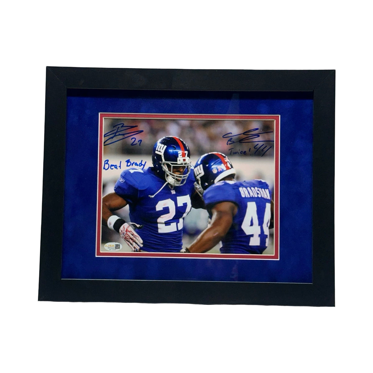 Ahmad Bradshaw & Brandon Jacobs Autographed Beat Brady Five Framed 8x10 JSA product image 1, provided for visual reference