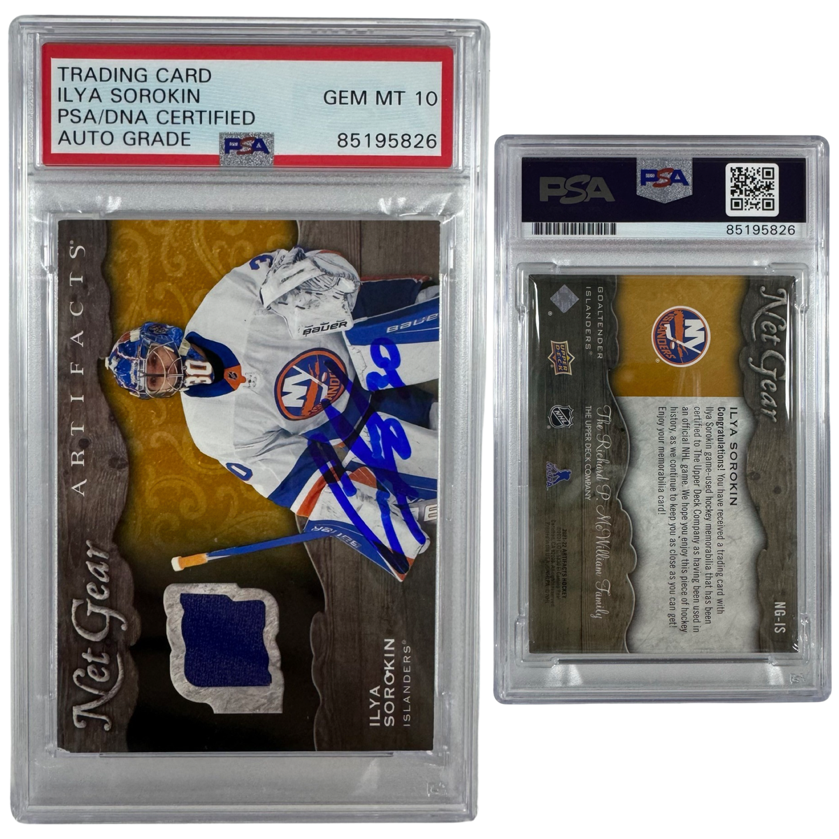 2021-22 Ilya Sorokin Autographed Upper Deck Net Gear Artifacts Jersey Patch Relic #NG-IS PSA Auto GEM MT 10 product image 1,