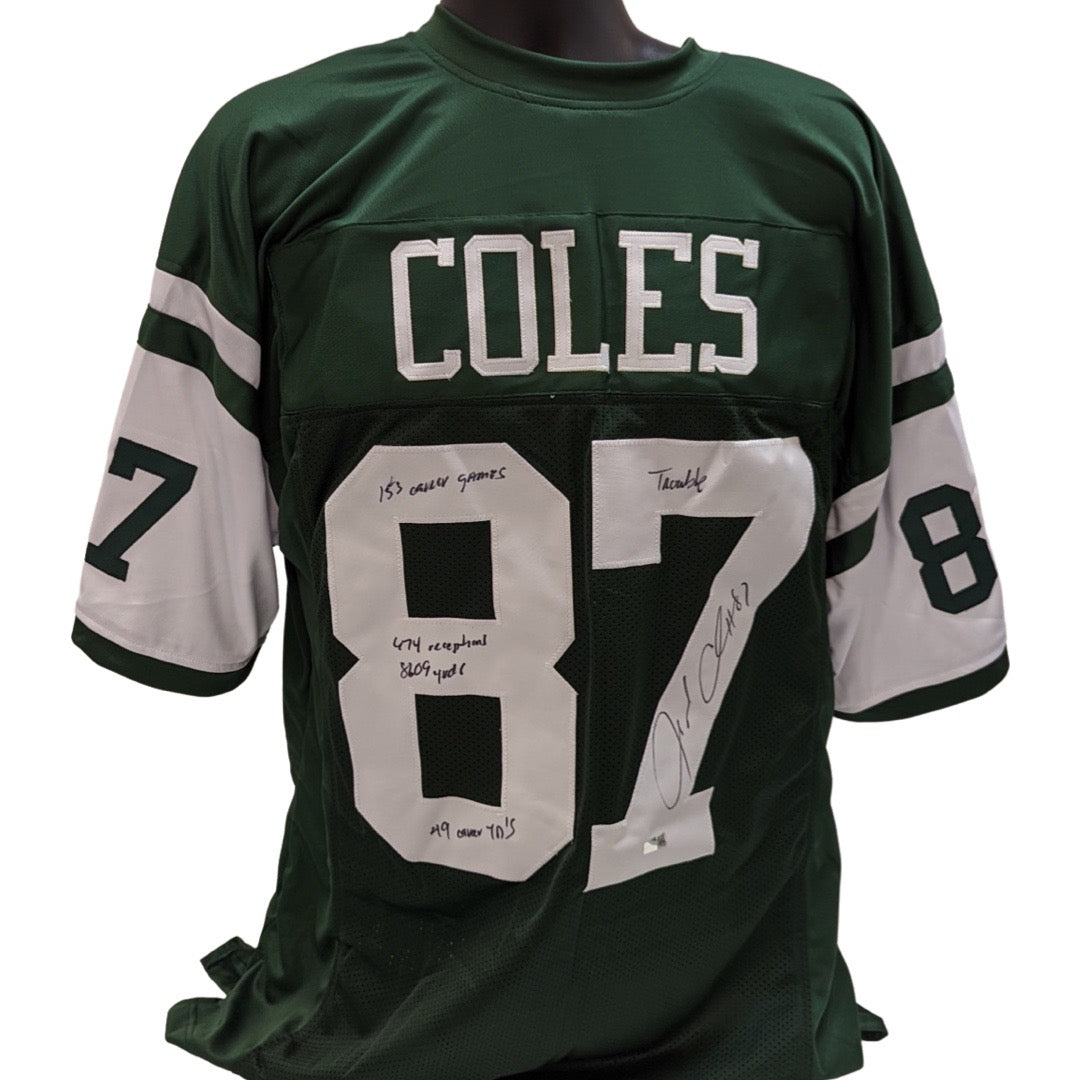 Laveranues Coles Autographed New York Jets Green Jersey Trouble, 153 Games Played, 674 Receptions, 8609 Yds, 49 Career TDs
