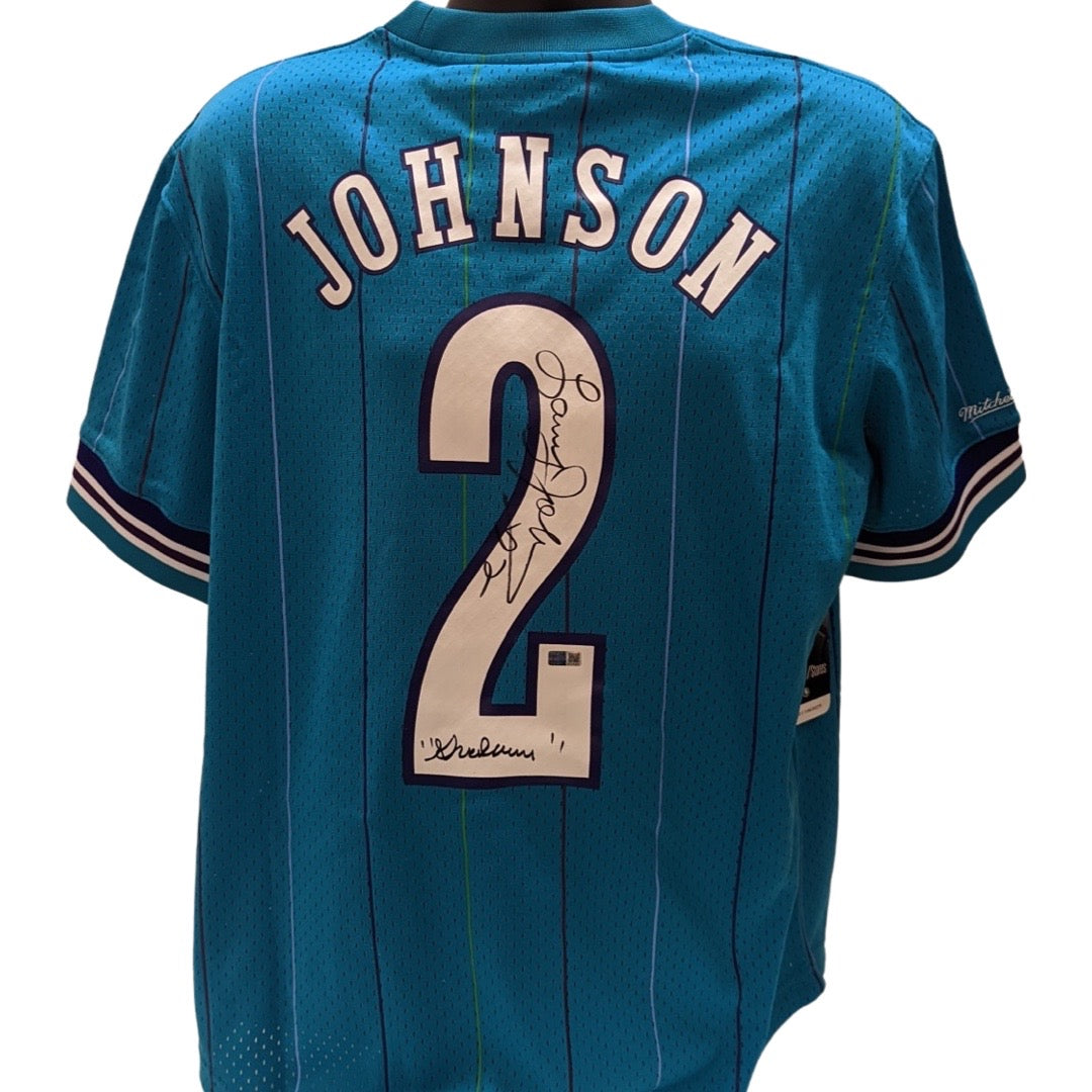 Larry Johnson Autographed Charlotte Hornets Teal Mitchell & Ness Sleeve Jersey Grandmama Inscription Steiner CX product