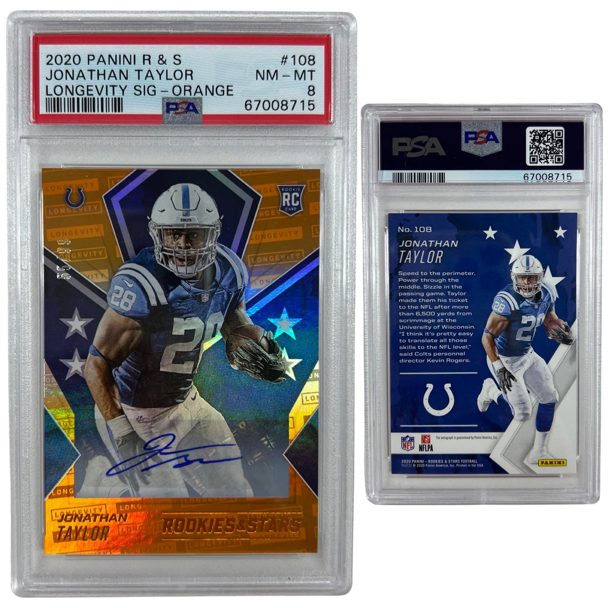 2020 Jonathan Taylor Panini Rookies & Stars Longevity Orange /99 #108 Autographed #JTA PSA NM-MT 8 product image 1, provided